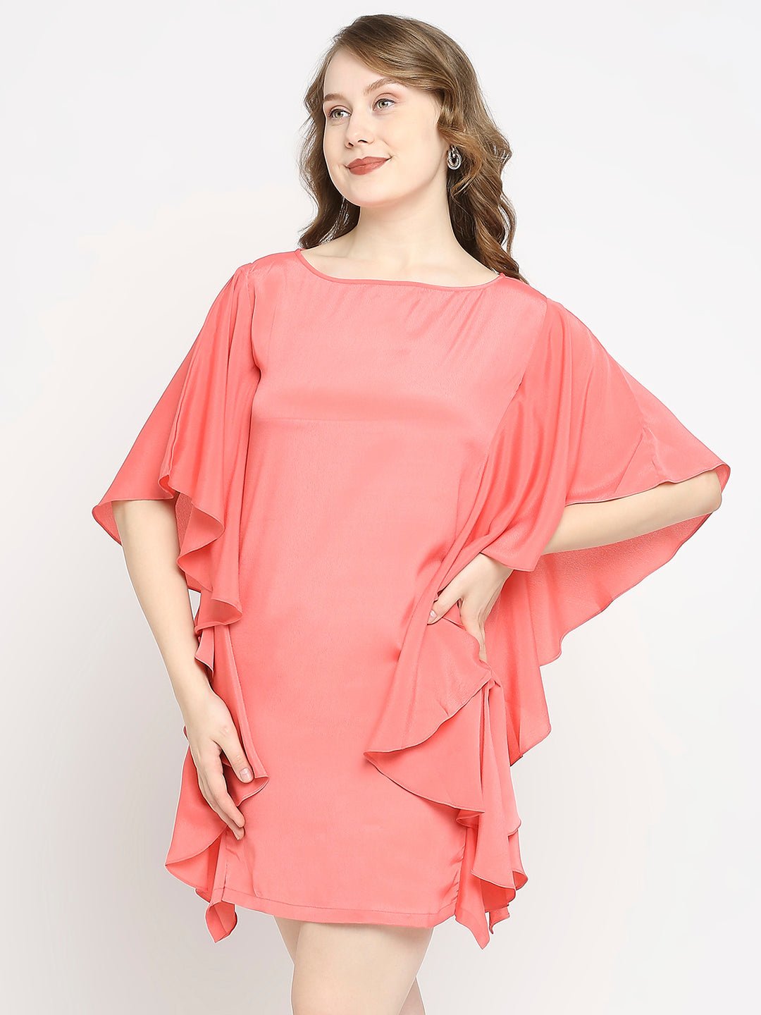 Pink Boat Neck Ruffled Sleeve Dress - AaliyaIndia