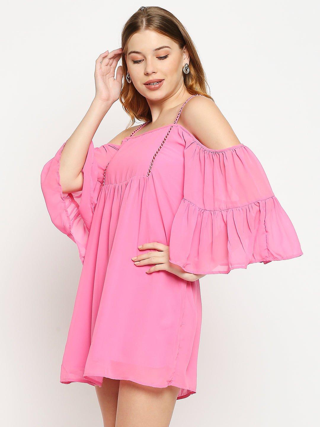 Pink Crepe Embellished Mini Dress - AaliyaIndia