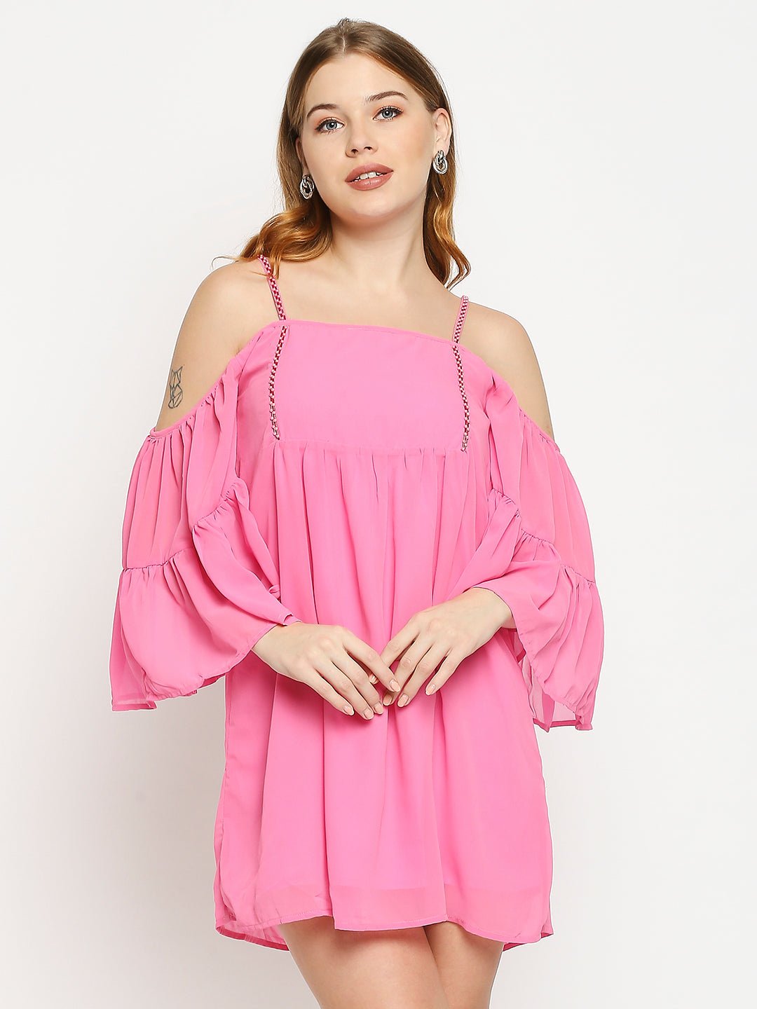 Pink Crepe Embellished Mini Dress - AaliyaIndia