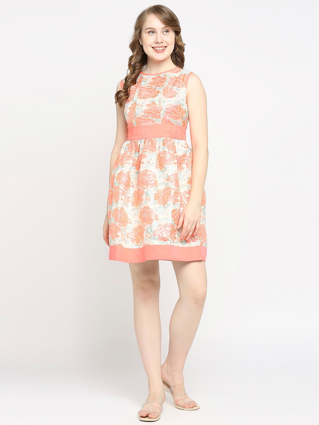 Pink Lurex Floral Printed Mini Dress - AaliyaIndia