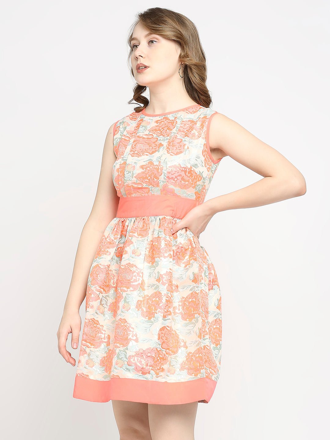 Pink Lurex Floral Printed Mini Dress - AaliyaIndia