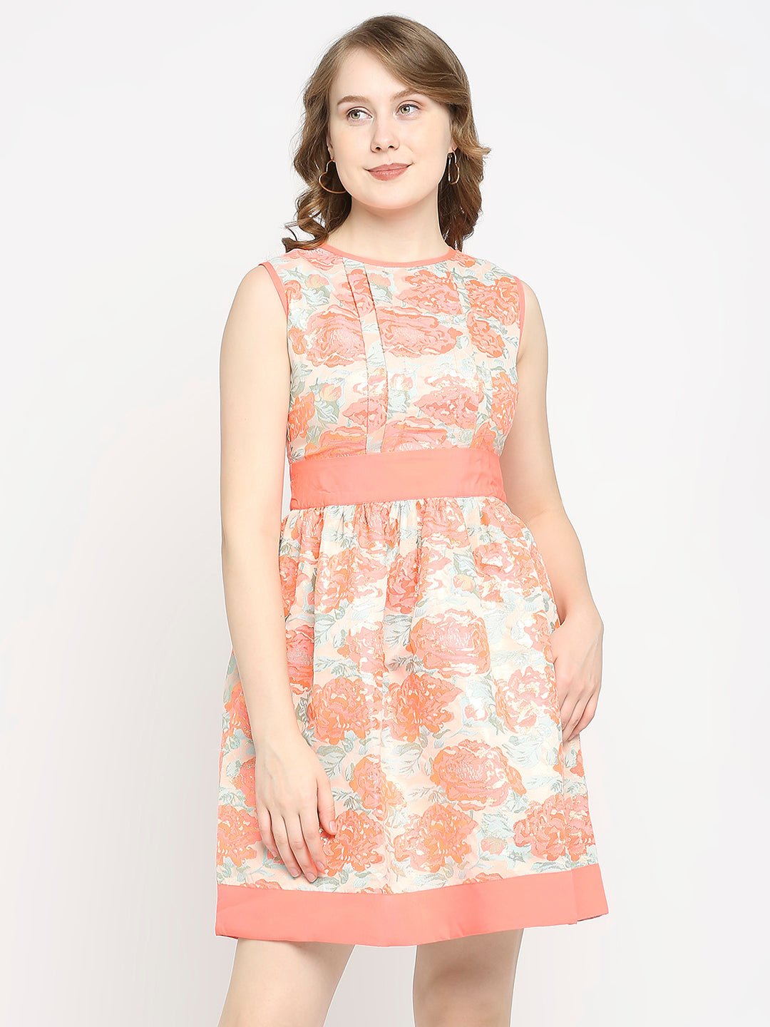 Pink Lurex Floral Printed Mini Dress - AaliyaIndia