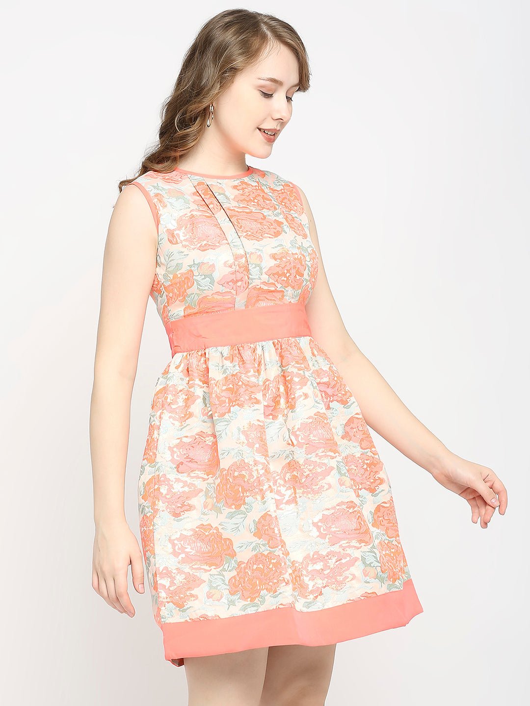 Pink Lurex Floral Printed Mini Dress - AaliyaIndia