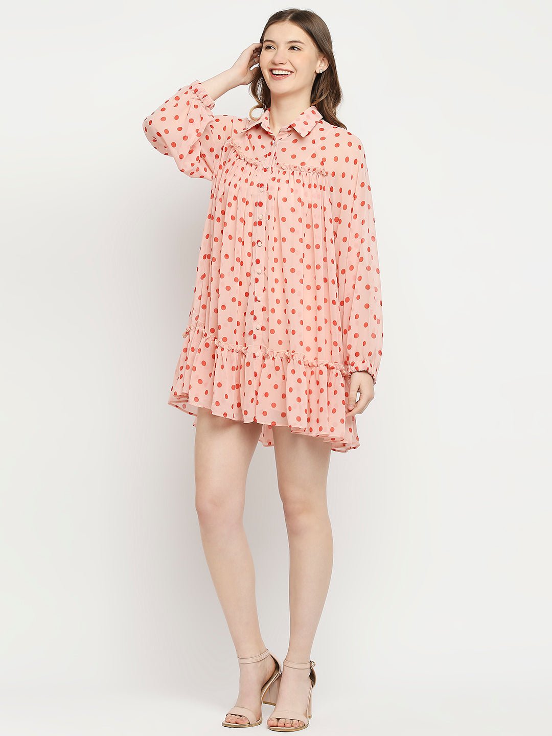 Pink Poly Georgette Polka Dot Printed Dress - AaliyaIndia