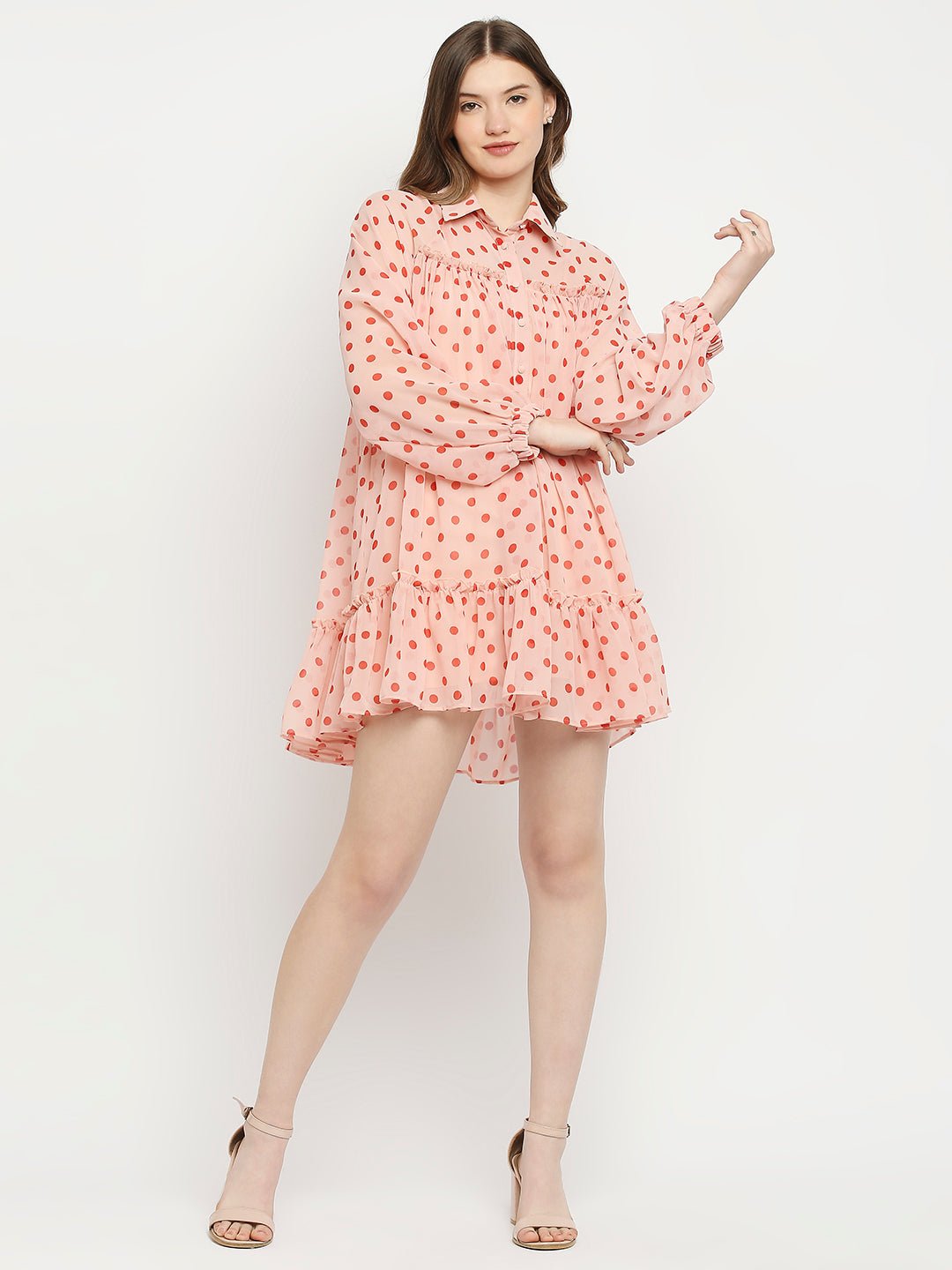 Pink Poly Georgette Polka Dot Printed Dress - AaliyaIndia