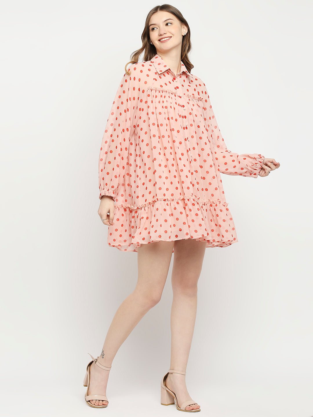 Pink Poly Georgette Polka Dot Printed Dress - AaliyaIndia