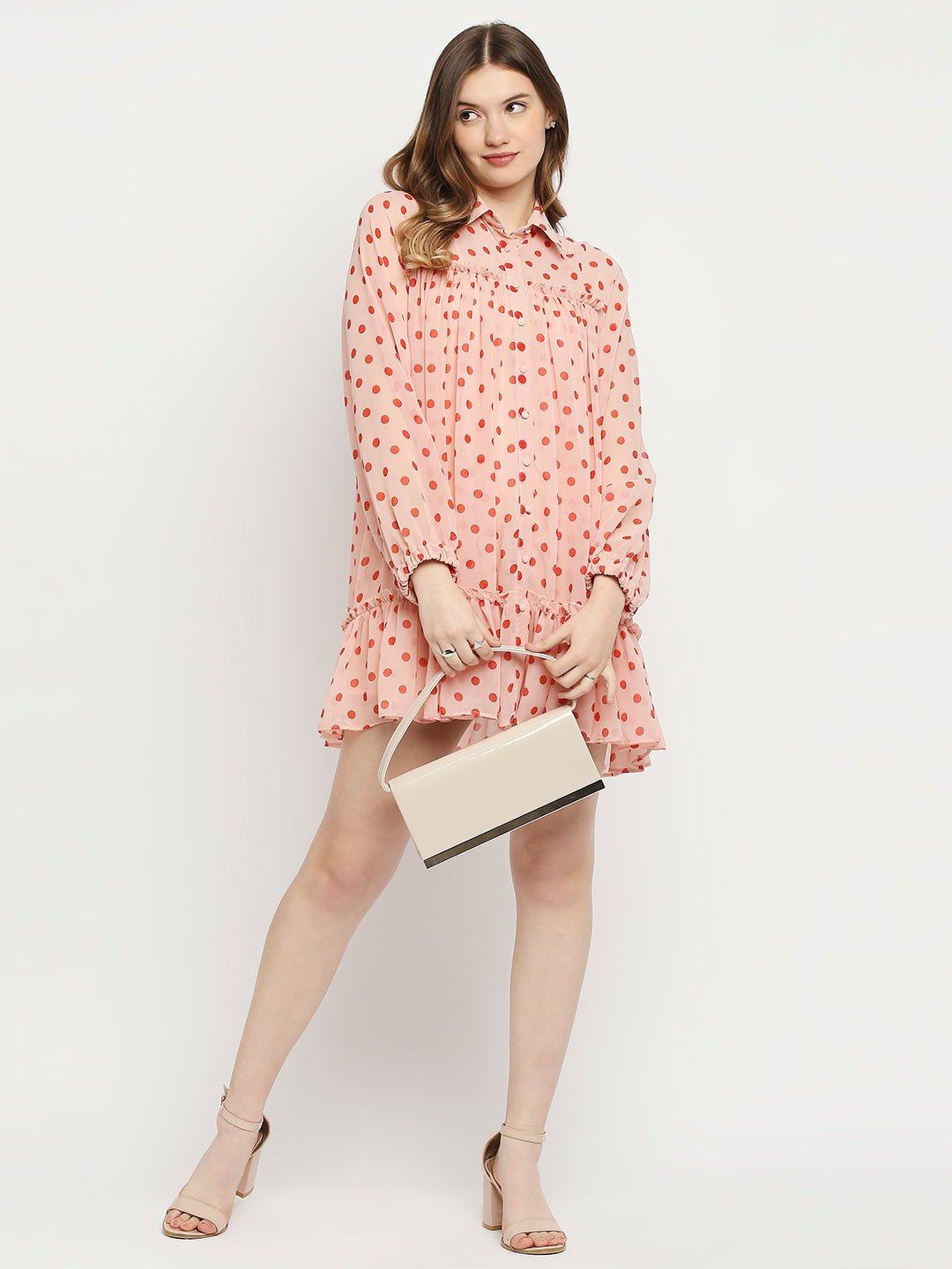 Pink Poly Georgette Polka Dot Printed Dress - AaliyaIndia