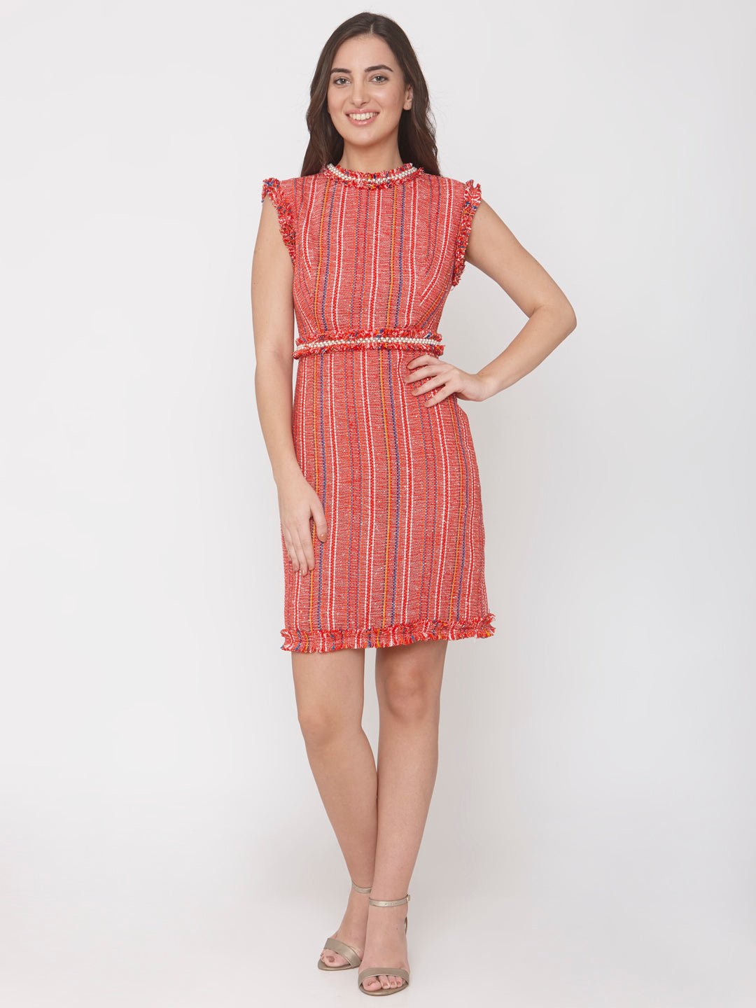 Red Jacquard Embellished Dress - AaliyaIndia