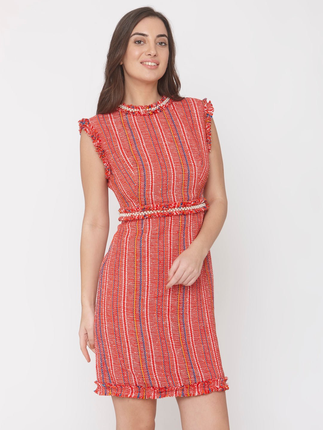 Red Jacquard Embellished Dress - AaliyaIndia