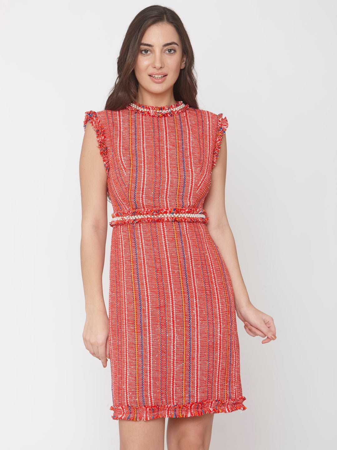 Red Jacquard Embellished Dress - AaliyaIndia