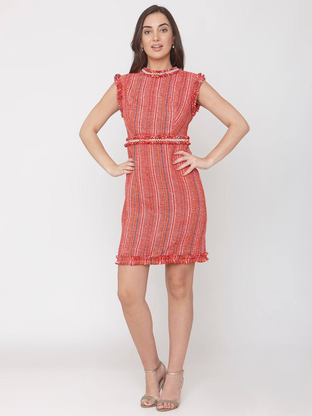 Red Jacquard Embellished Dress - AaliyaIndia