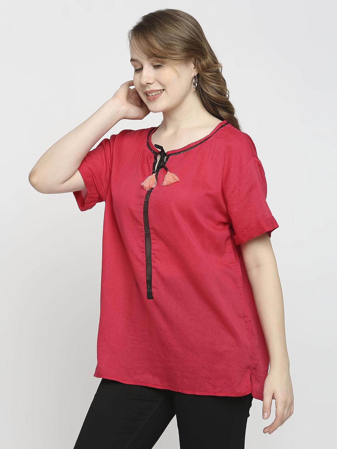 Red Lace Inserted Top with Tassel - AaliyaIndia