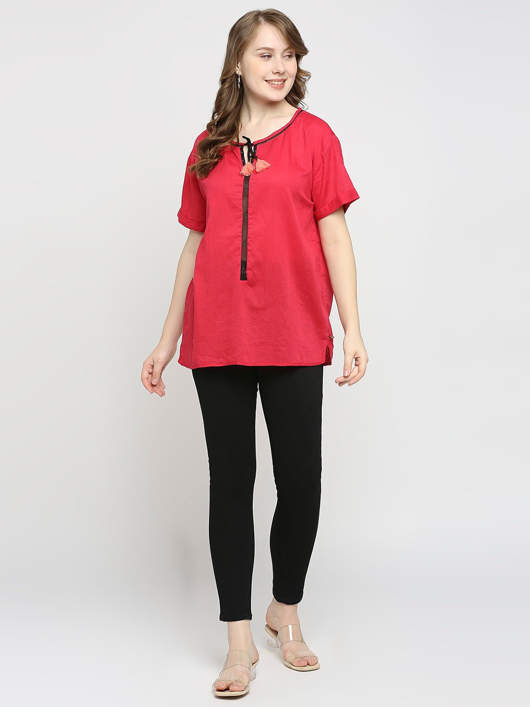 Red Lace Inserted Top with Tassel - AaliyaIndia