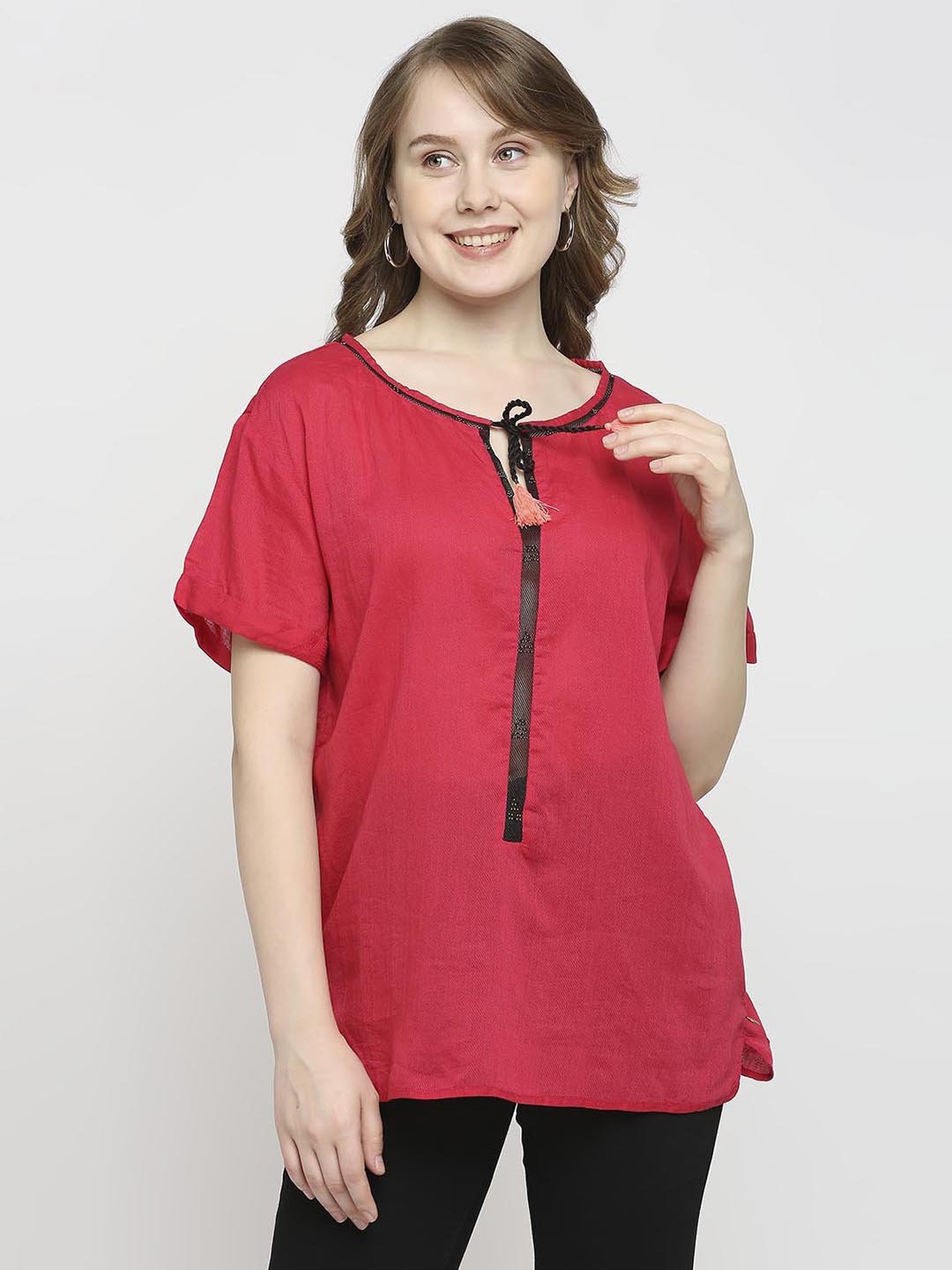 Red Lace Inserted Top with Tassel - AaliyaIndia