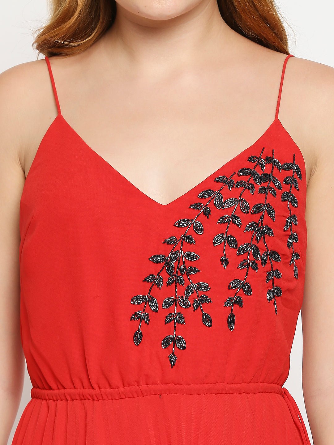 Red Pleated Embellished Dress - AaliyaIndia