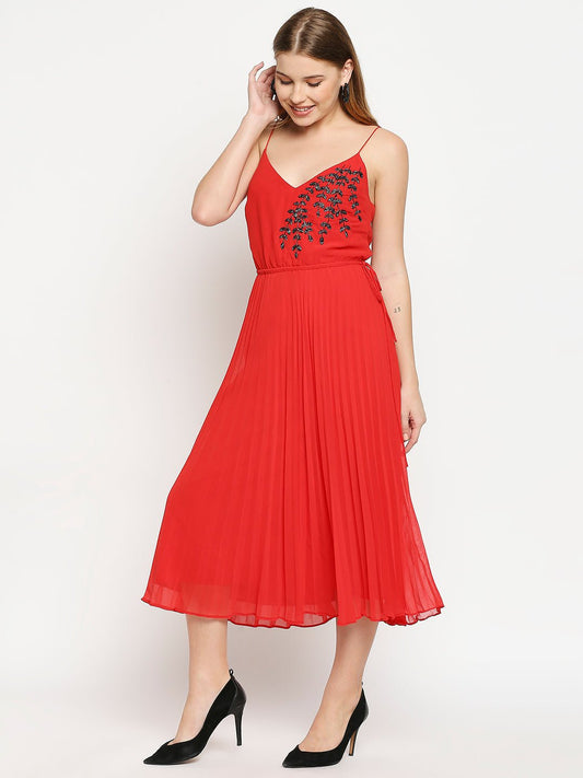 Red Pleated Embellished Dress - AaliyaIndia