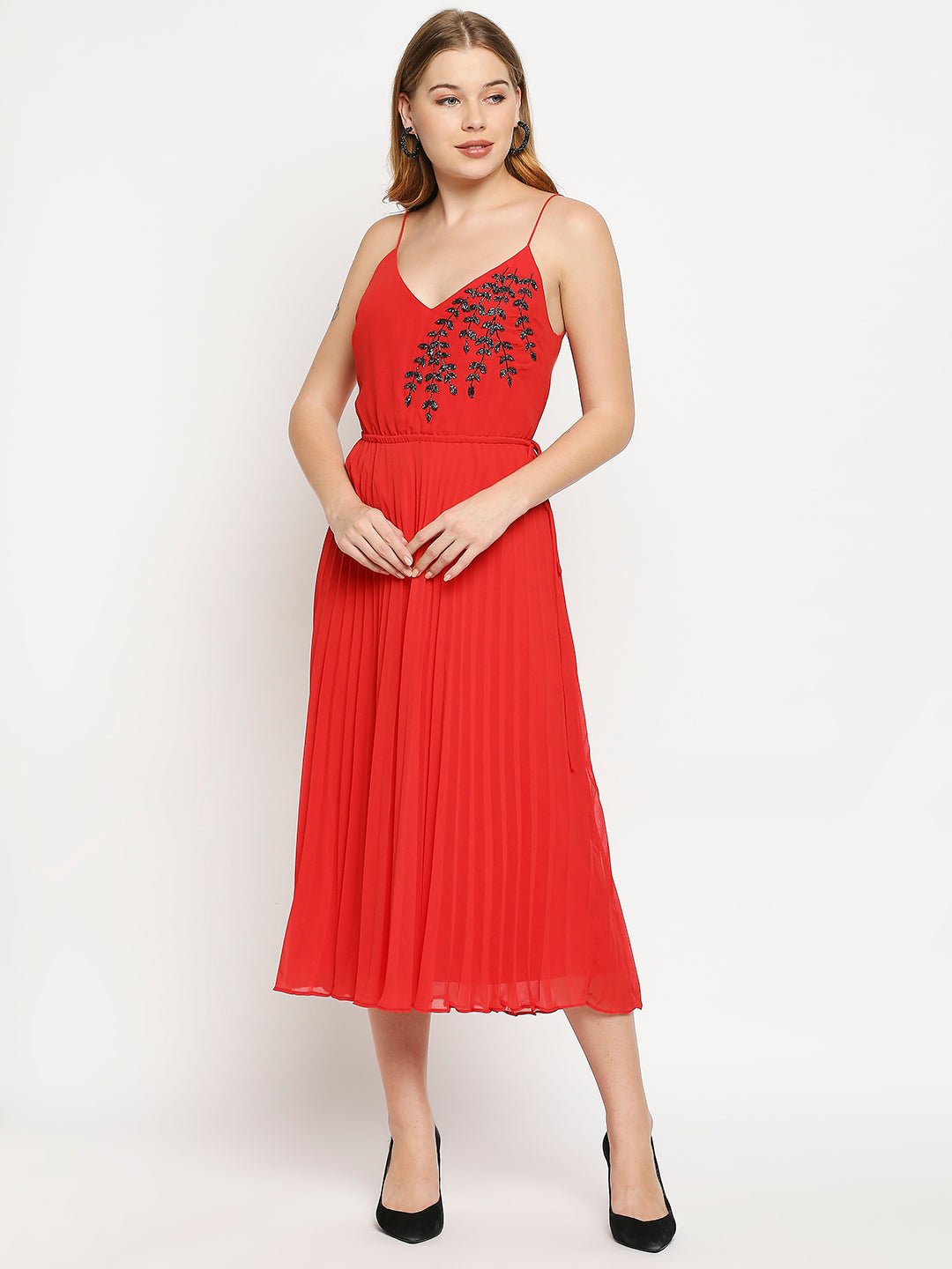 Red Pleated Embellished Dress - AaliyaIndia