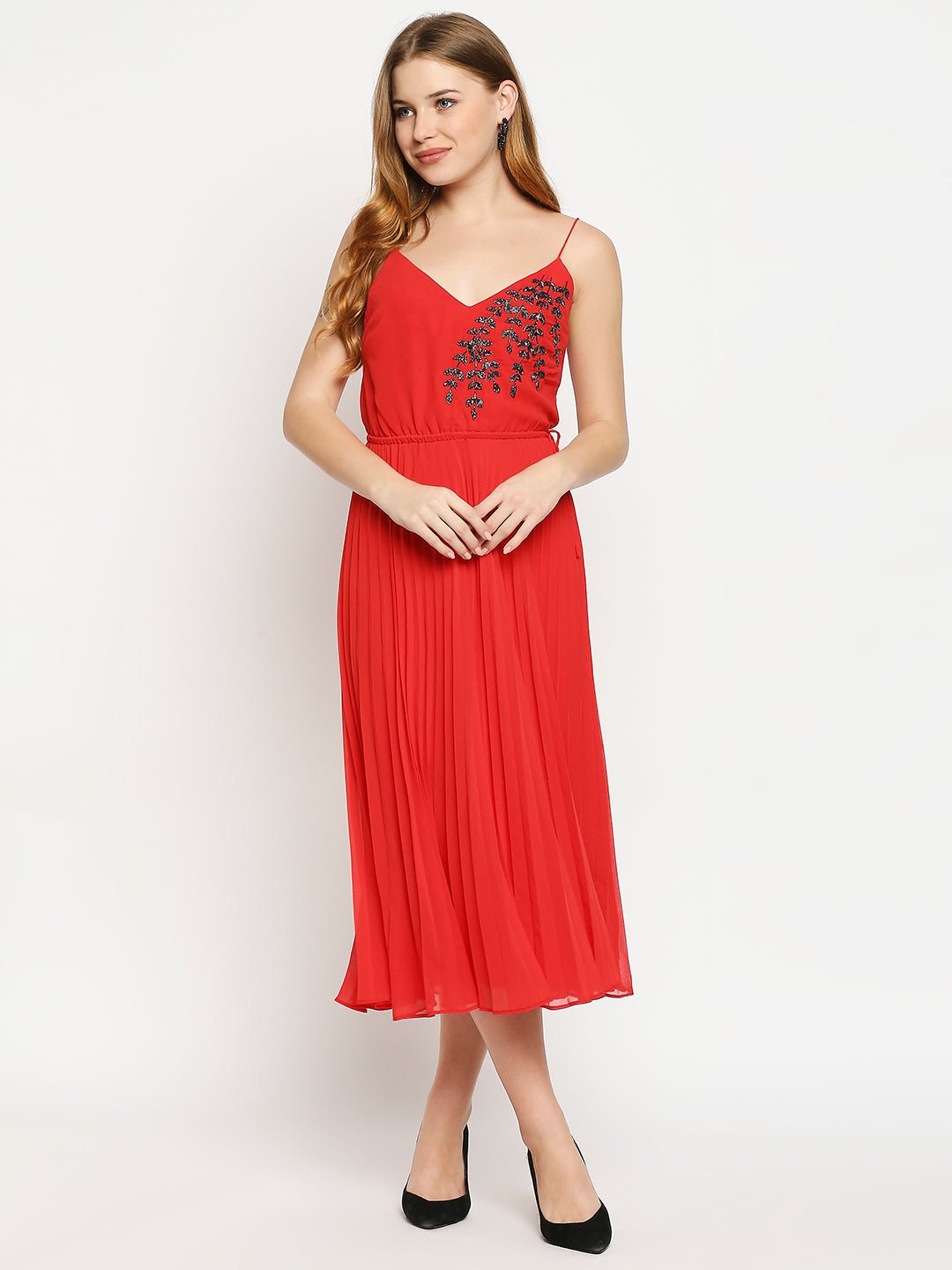 Red Pleated Embellished Dress - AaliyaIndia