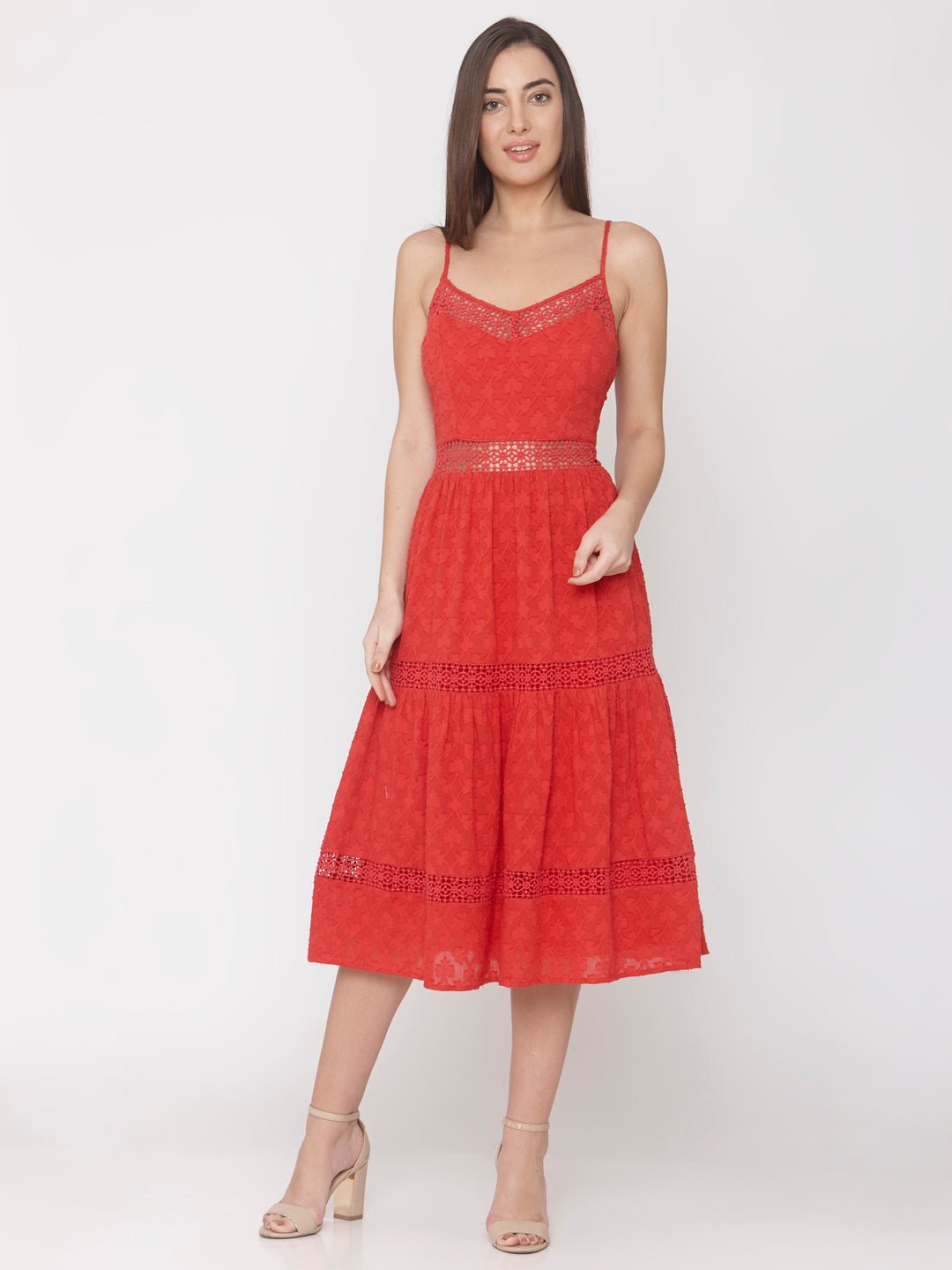 Red Tier Dress with Lace Insert - AaliyaIndia