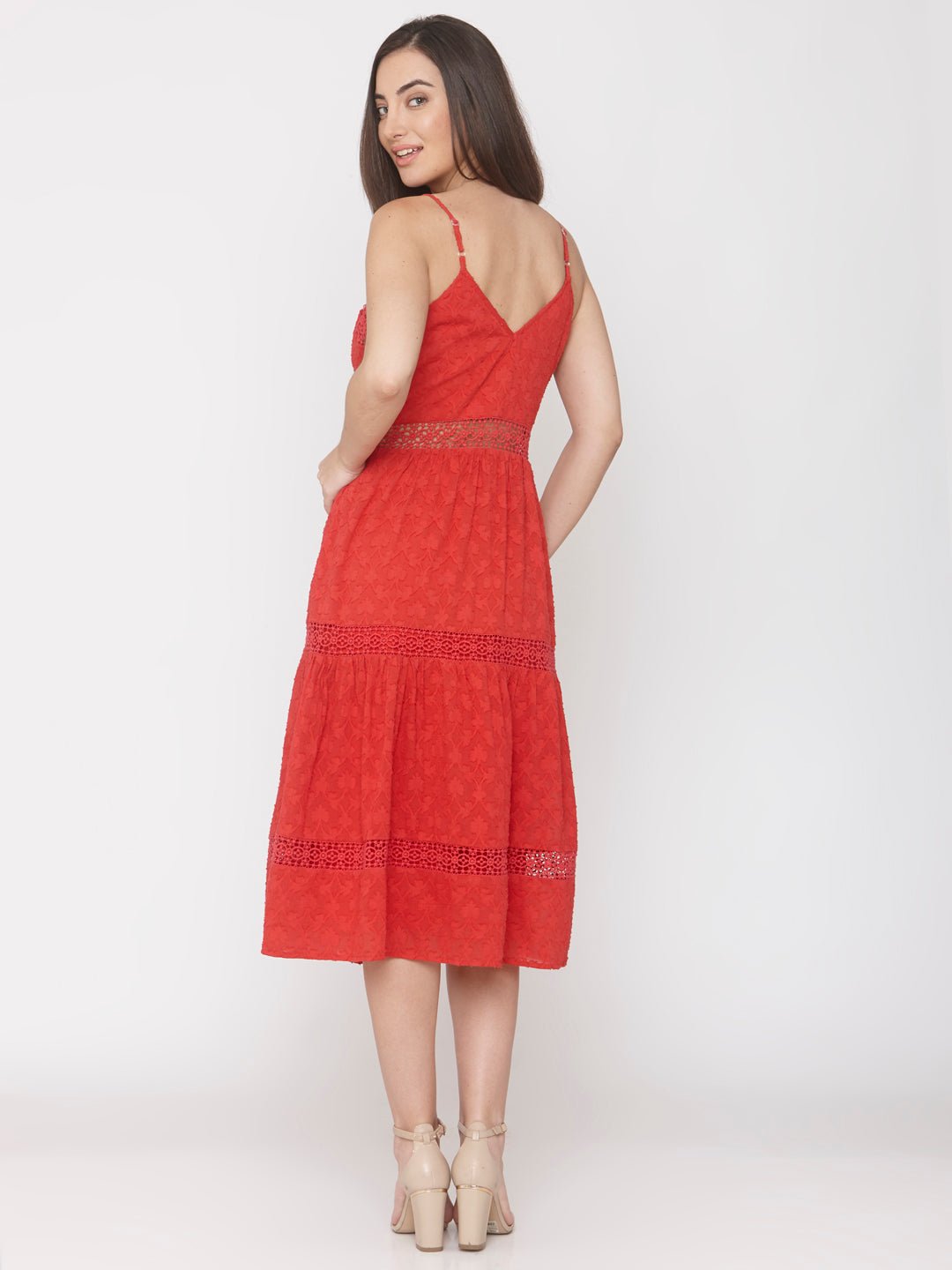 Red Tier Dress with Lace Insert - AaliyaIndia