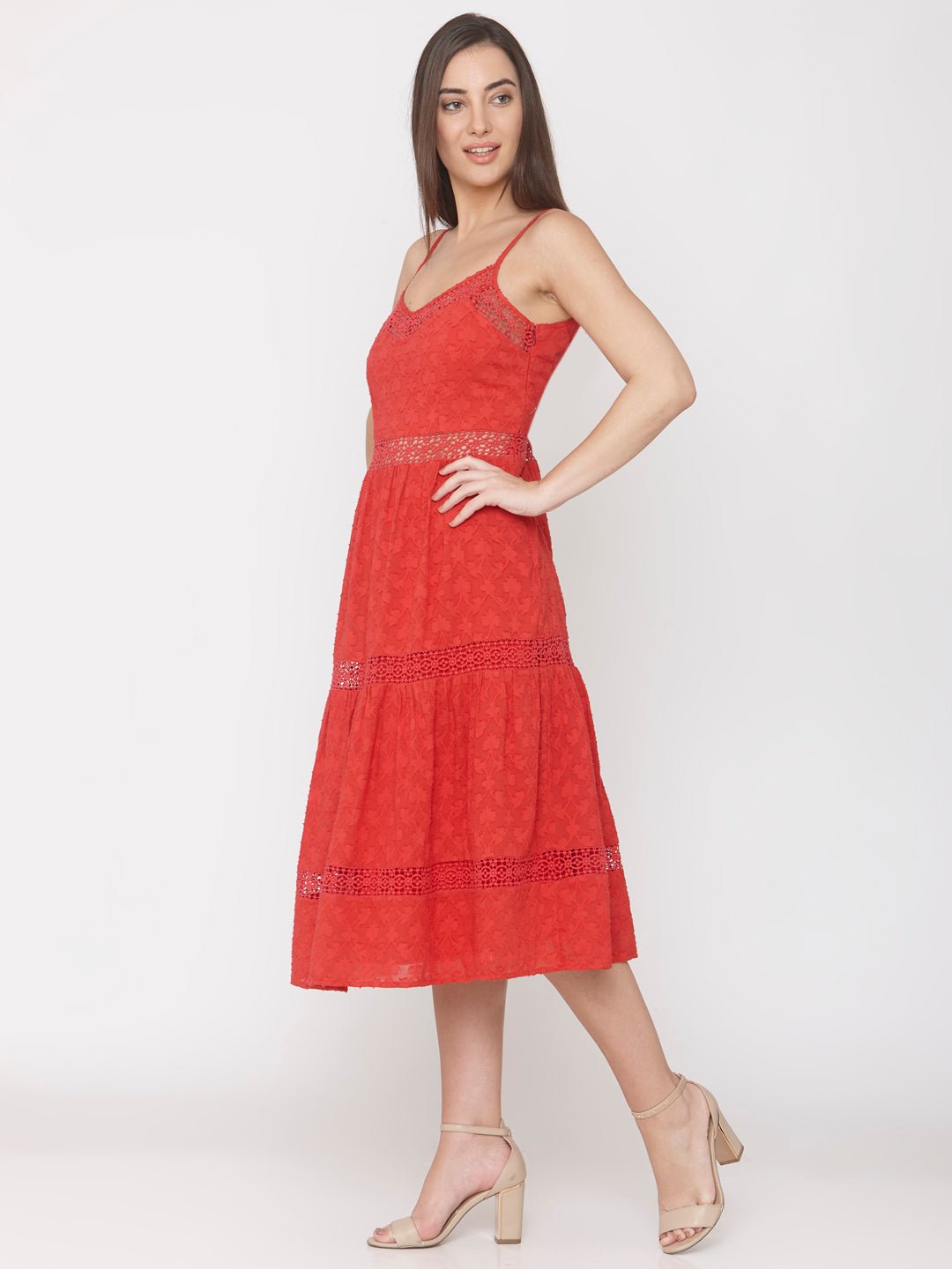 Red Tier Dress with Lace Insert - AaliyaIndia