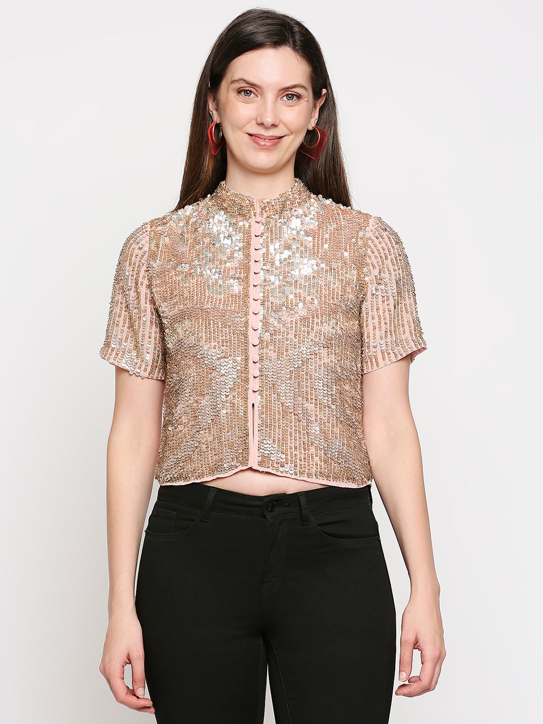 Rose-gold Premium Embellished Sequin Blouse Jacket - AaliyaIndia