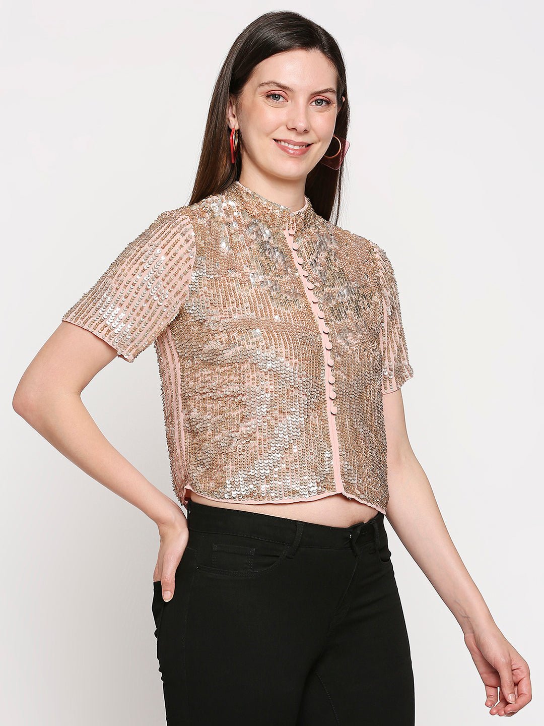 Rose-gold Premium Embellished Sequin Blouse Jacket - AaliyaIndia