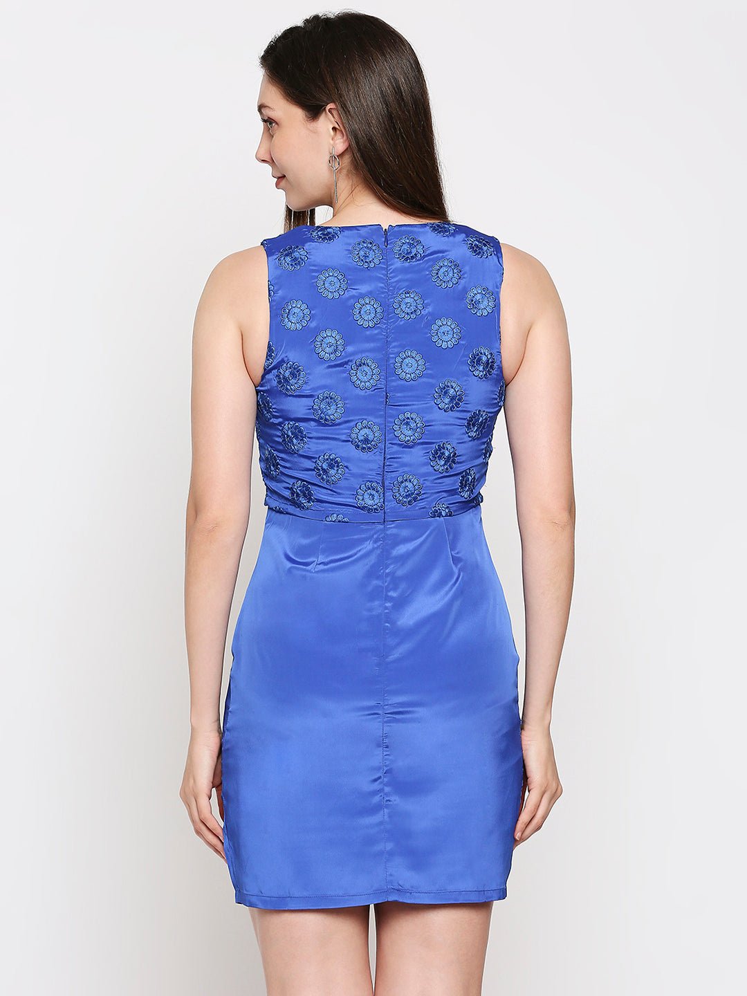 Royal Blue Floral Embroidery Sleeveless Dress - AaliyaIndia