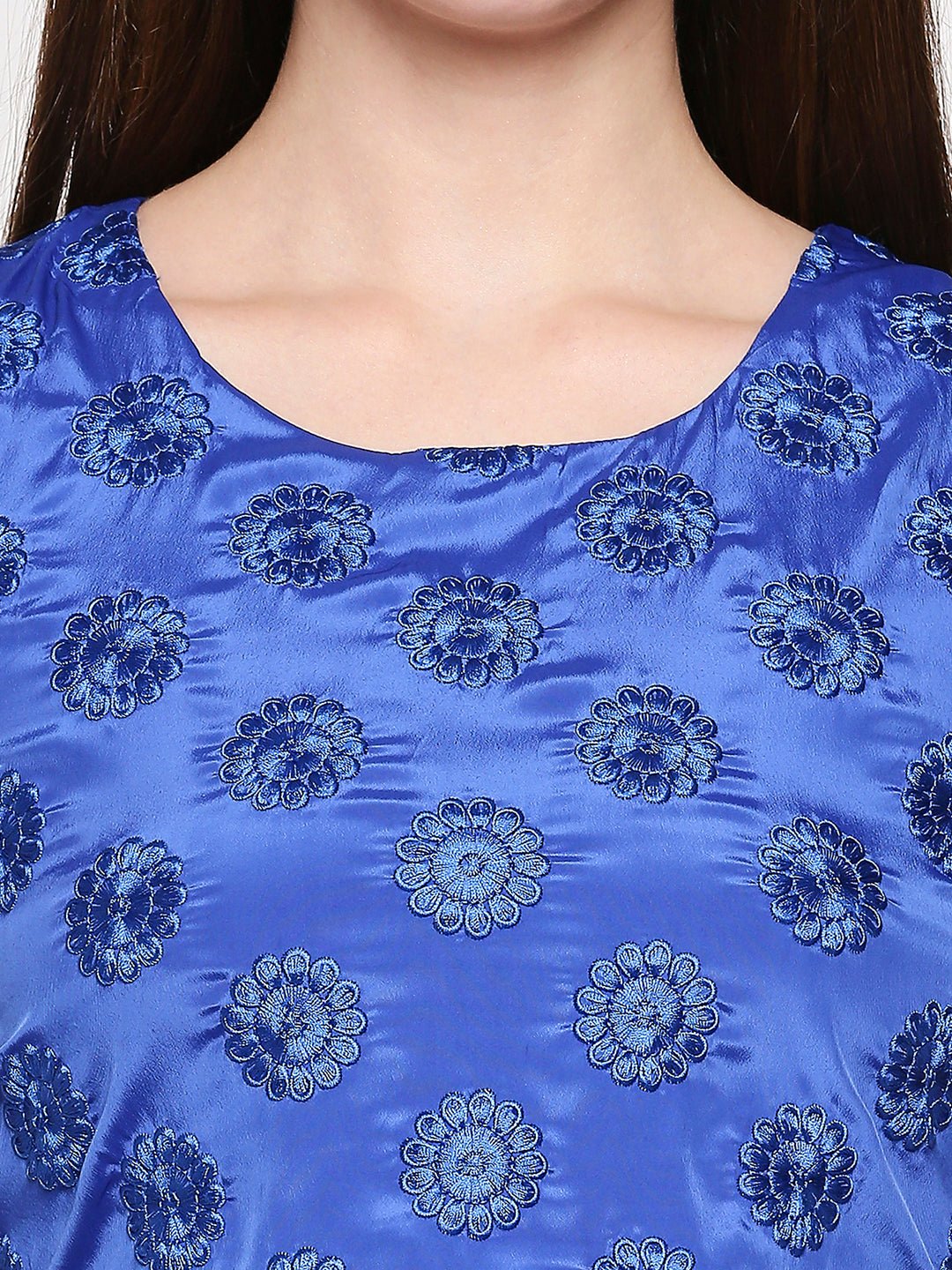 Royal Blue Floral Embroidery Sleeveless Dress - AaliyaIndia