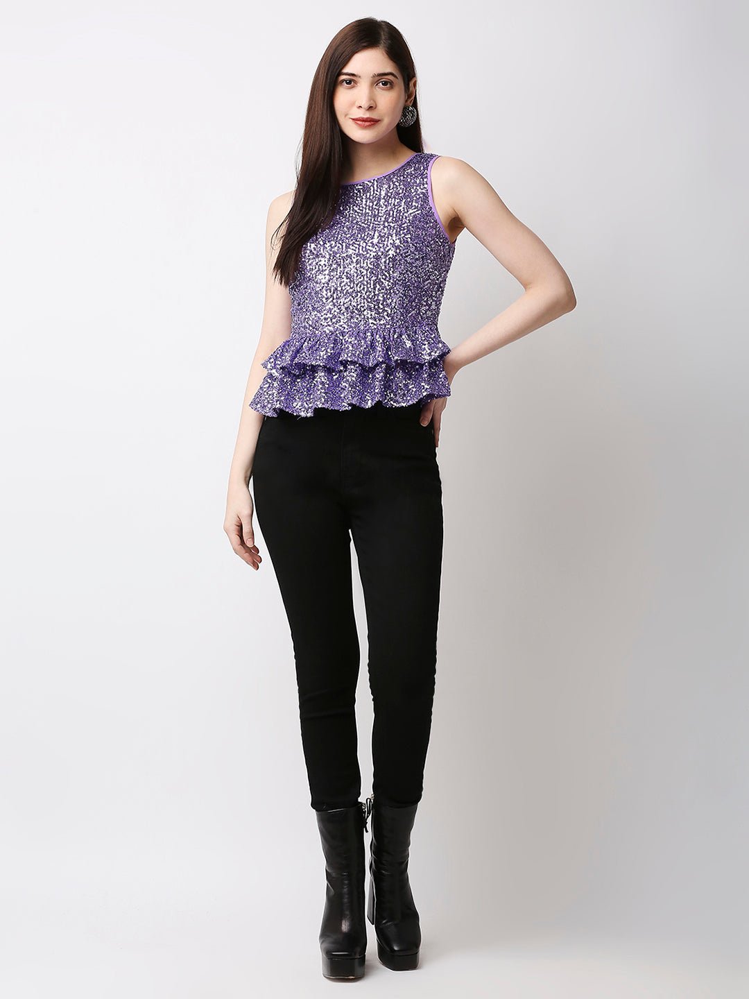 Sleeveless Embellished Purple Peplum Top - AaliyaIndia