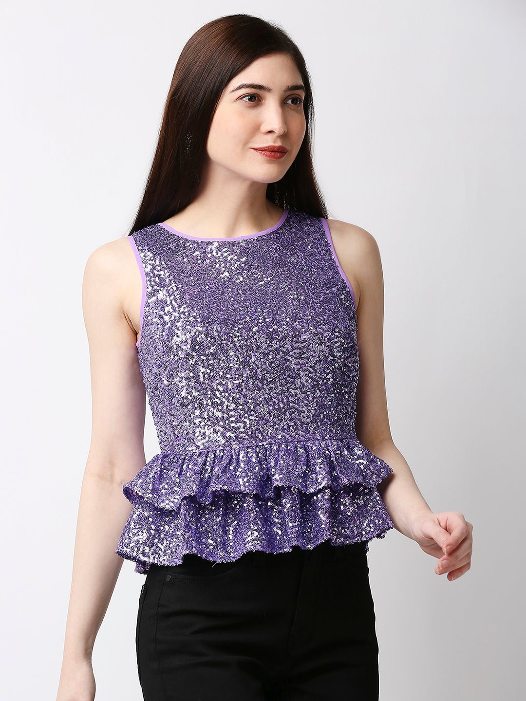 Sleeveless Embellished Purple Peplum Top - AaliyaIndia