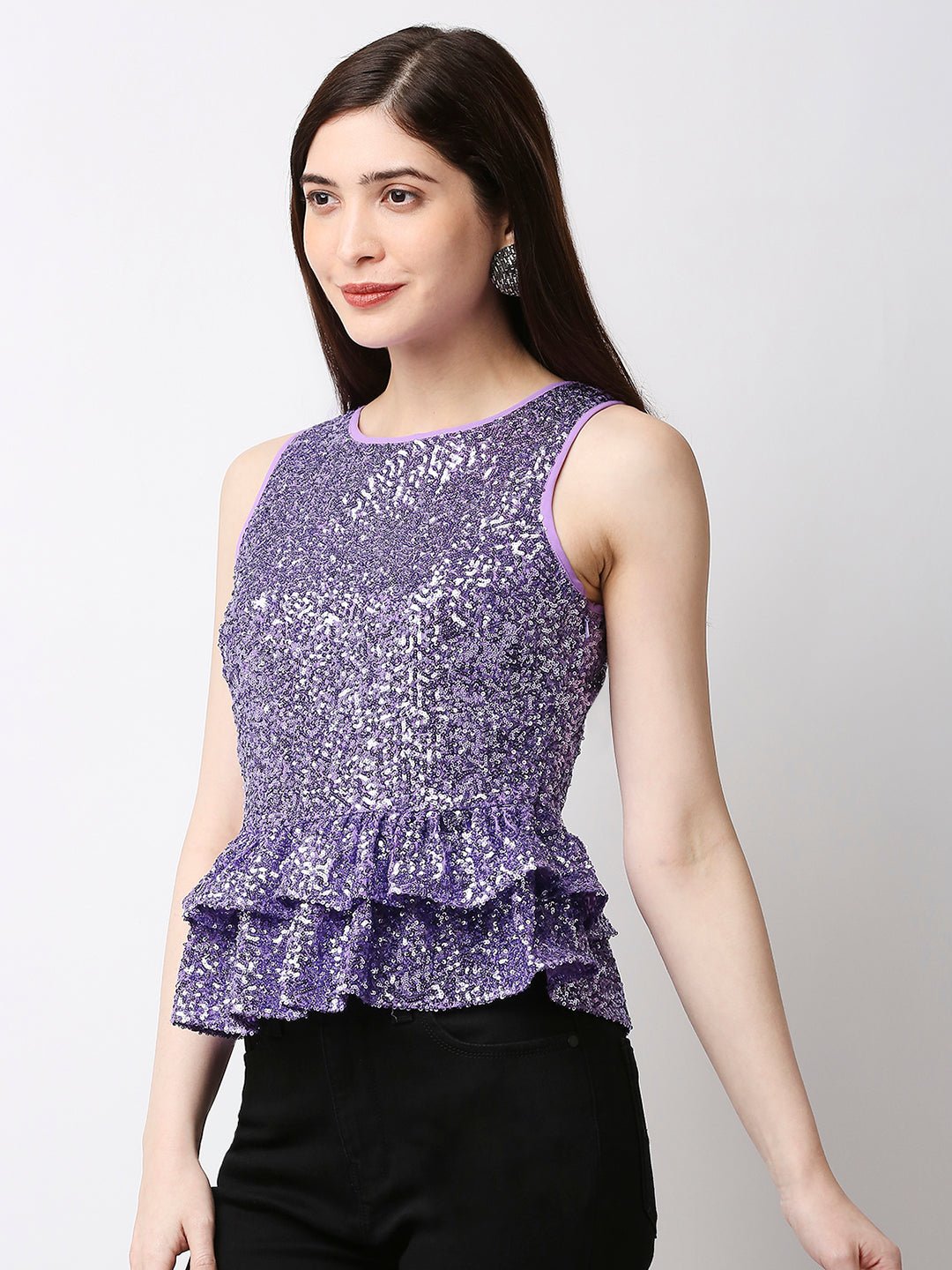 Sleeveless Embellished Purple Peplum Top - AaliyaIndia