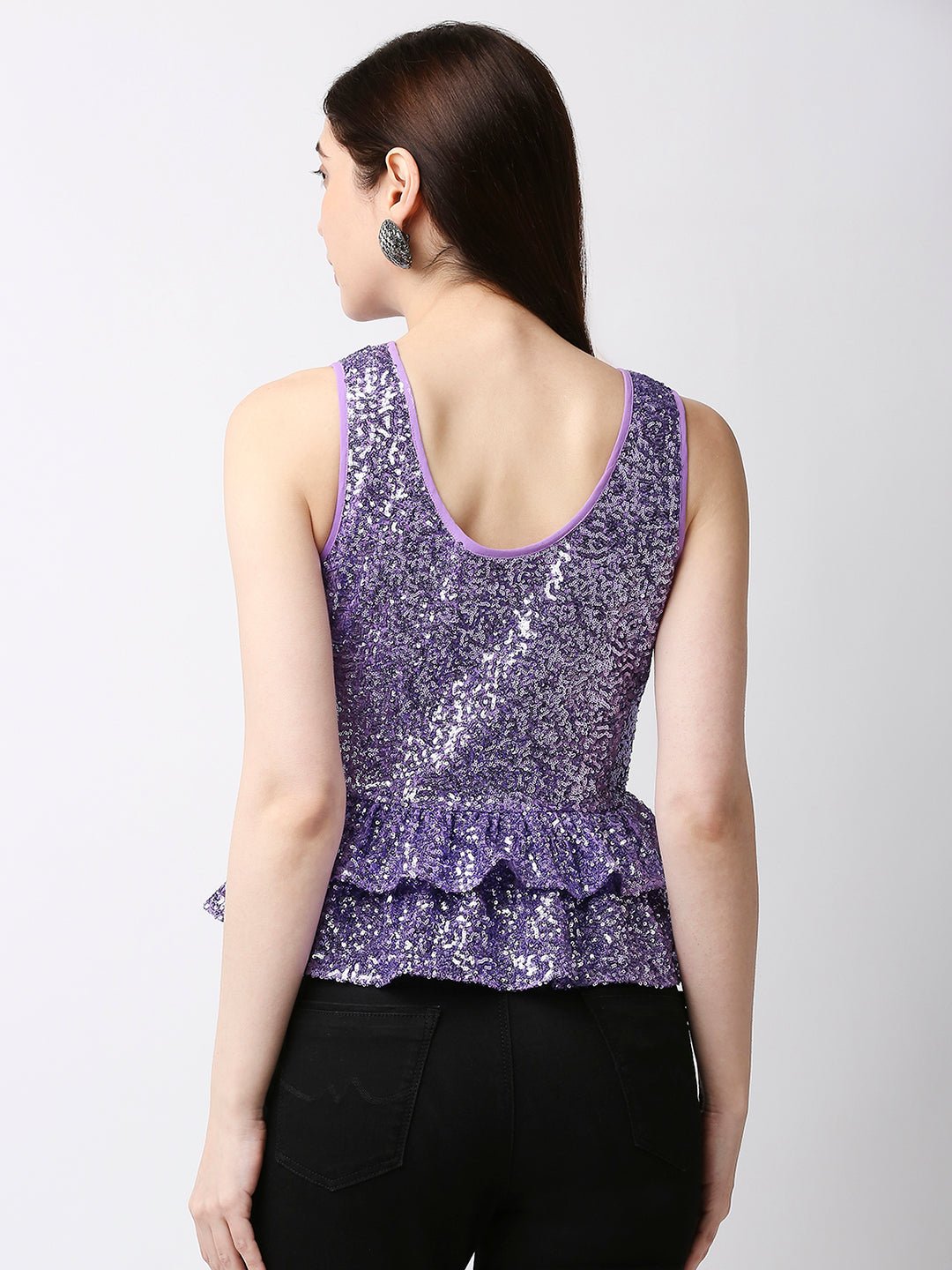 Sleeveless Embellished Purple Peplum Top - AaliyaIndia