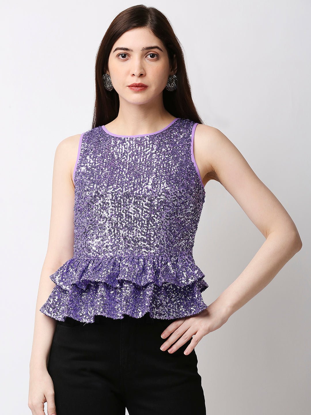 Sleeveless Embellished Purple Peplum Top - AaliyaIndia