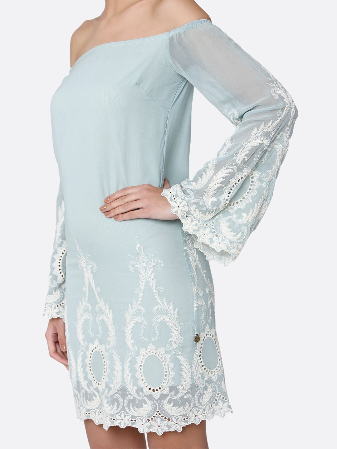 Teal Off Shoulder Dress With Embroidery - AaliyaIndia