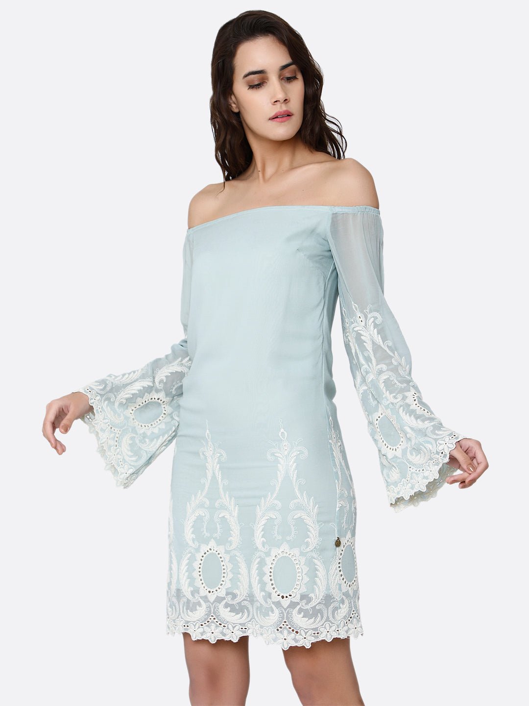 Teal Off Shoulder Dress With Embroidery - AaliyaIndia