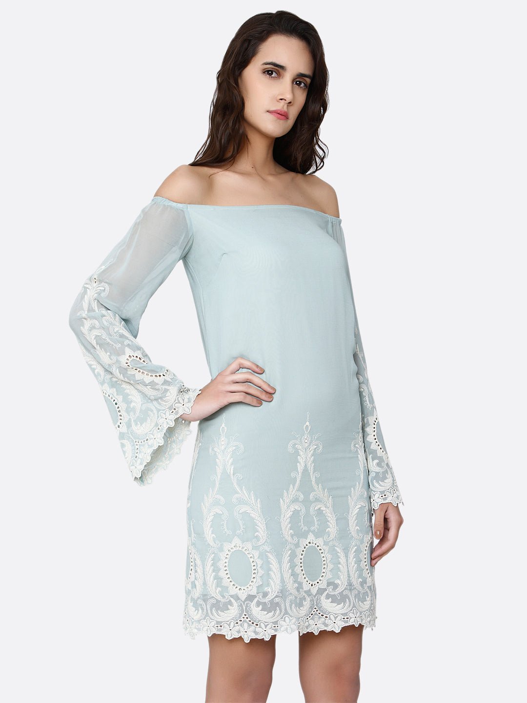 Teal Off Shoulder Dress With Embroidery - AaliyaIndia