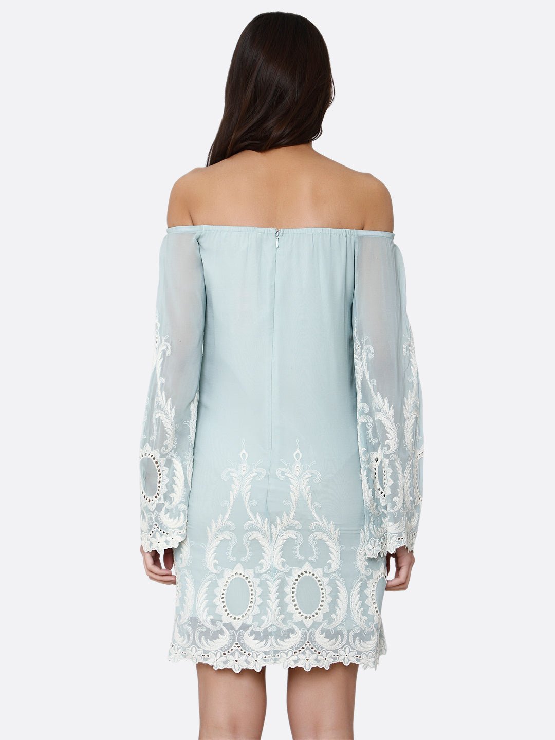 Teal Off Shoulder Dress With Embroidery - AaliyaIndia