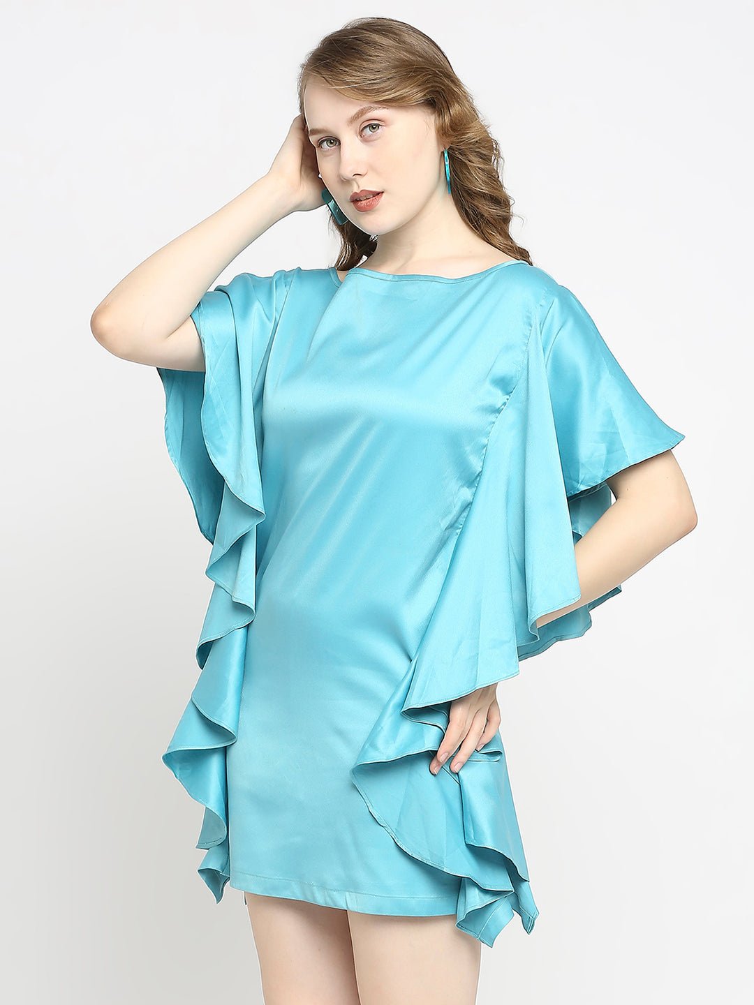 Turquoise Blue Boat Neck Ruffled Sleeve Dress - AaliyaIndia