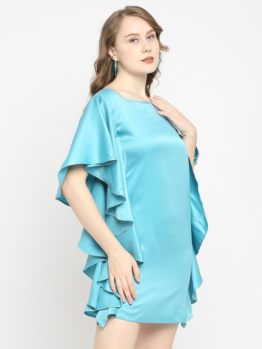 Turquoise Blue Boat Neck Ruffled Sleeve Dress - AaliyaIndia