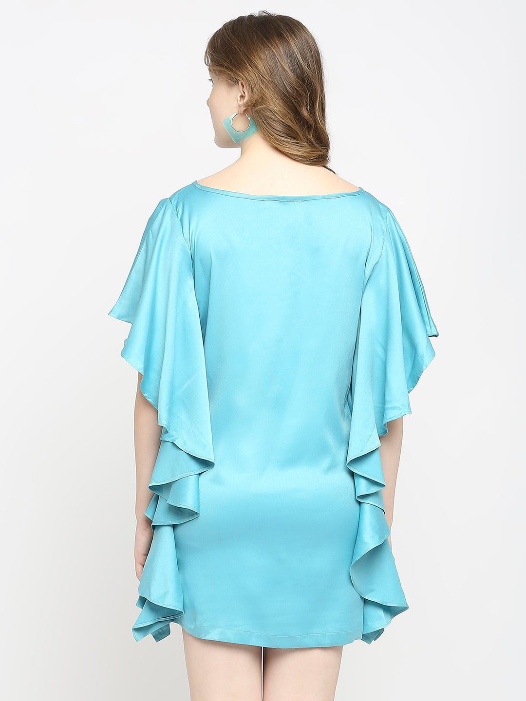 Turquoise Blue Boat Neck Ruffled Sleeve Dress - AaliyaIndia