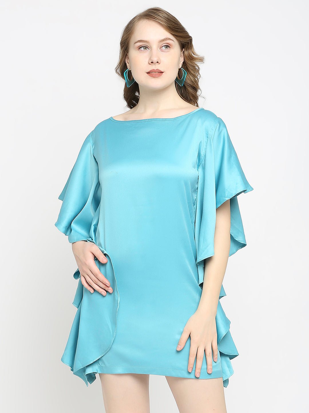 Turquoise Blue Boat Neck Ruffled Sleeve Dress - AaliyaIndia