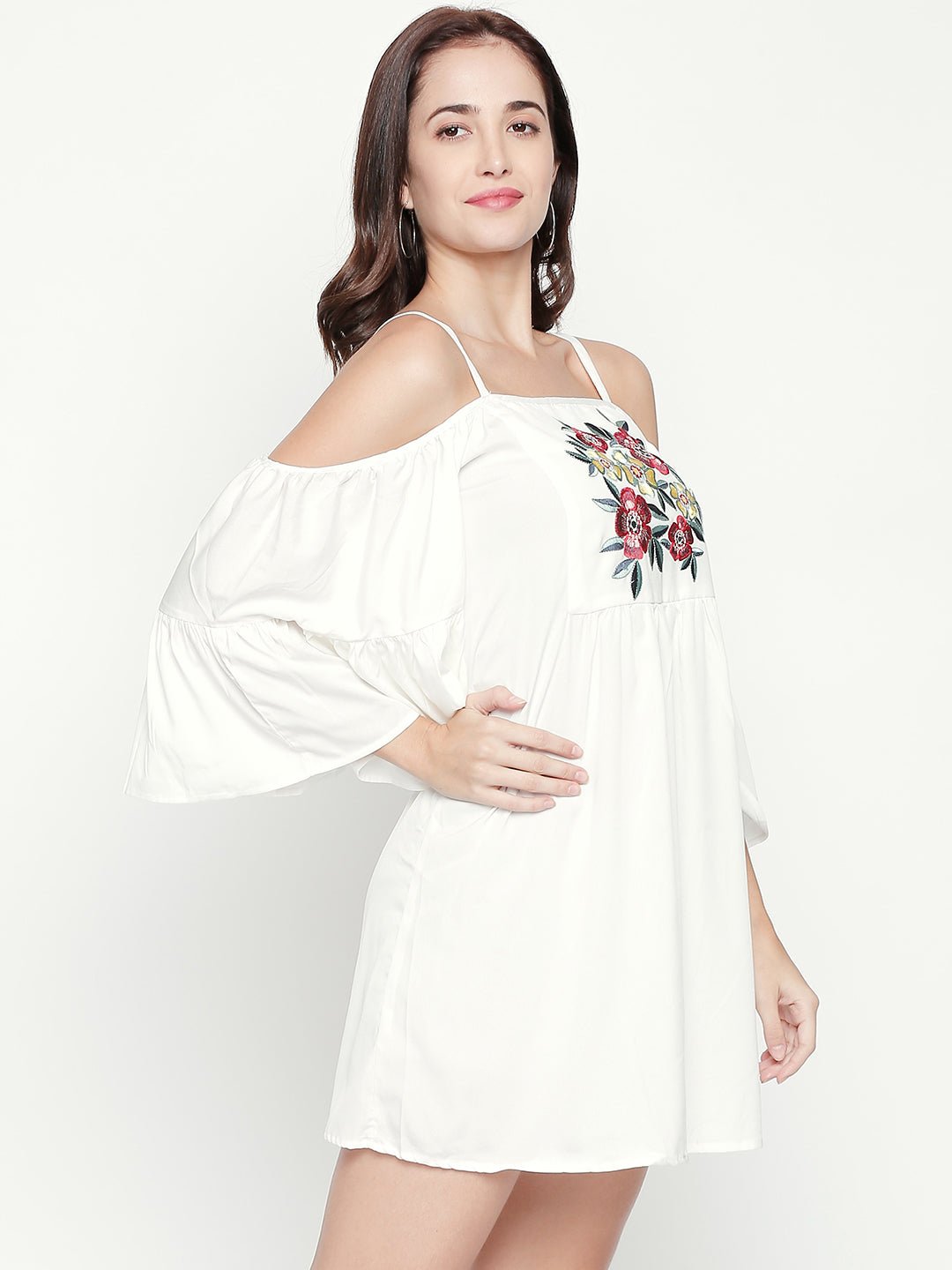 White Cold Shoulder Embroidered Dress - AaliyaIndia