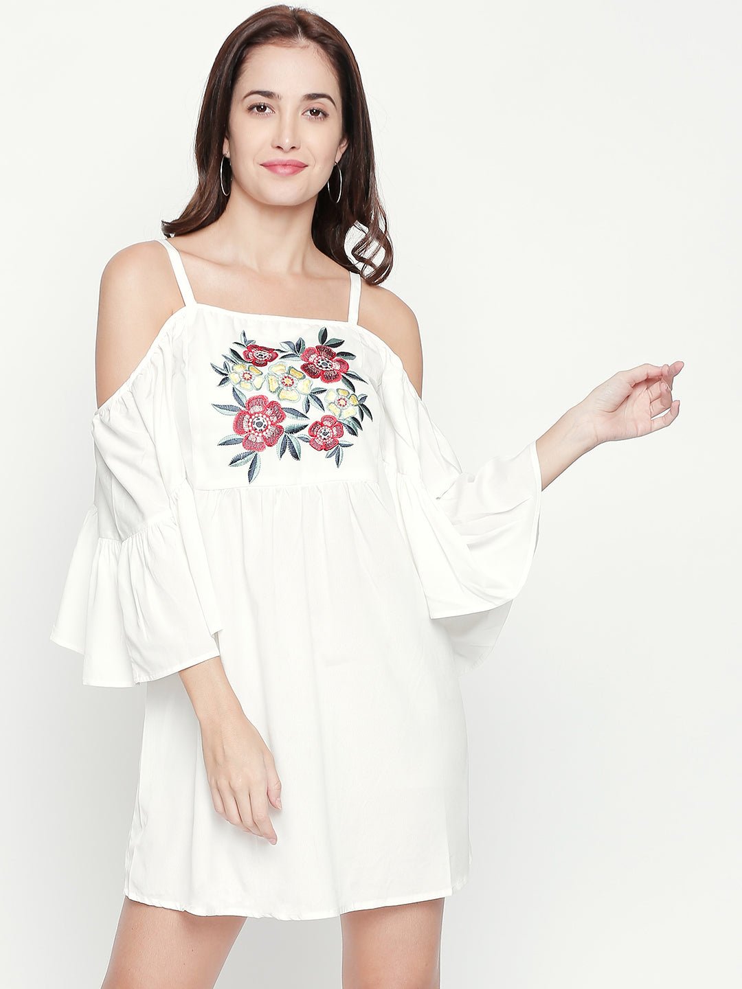 White Cold Shoulder Embroidered Dress - AaliyaIndia