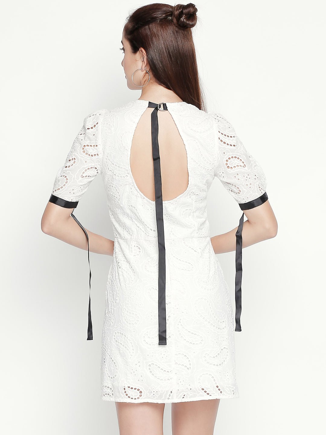 White Cotton Shift Lace Dress With Trim Detailing - AaliyaIndia