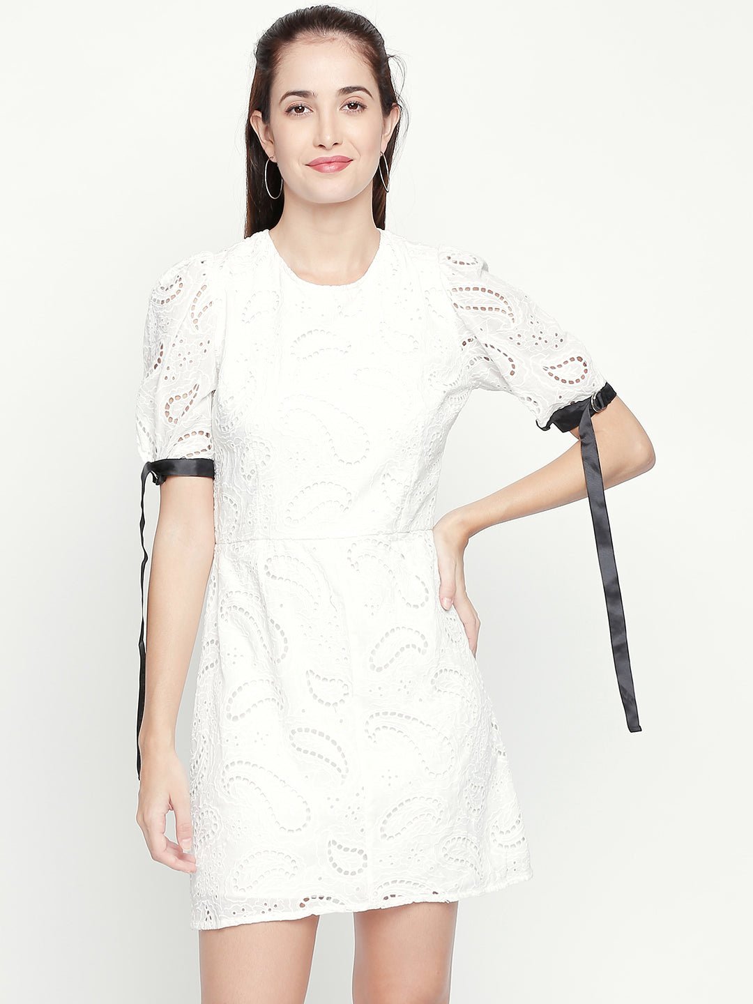 White Cotton Shift Lace Dress With Trim Detailing - AaliyaIndia