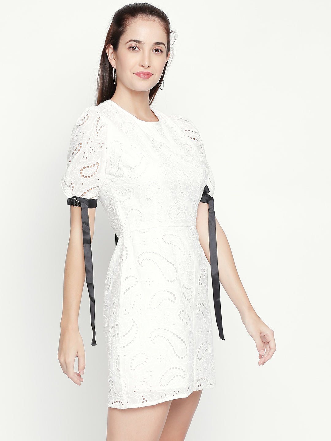 White Cotton Shift Lace Dress With Trim Detailing - AaliyaIndia