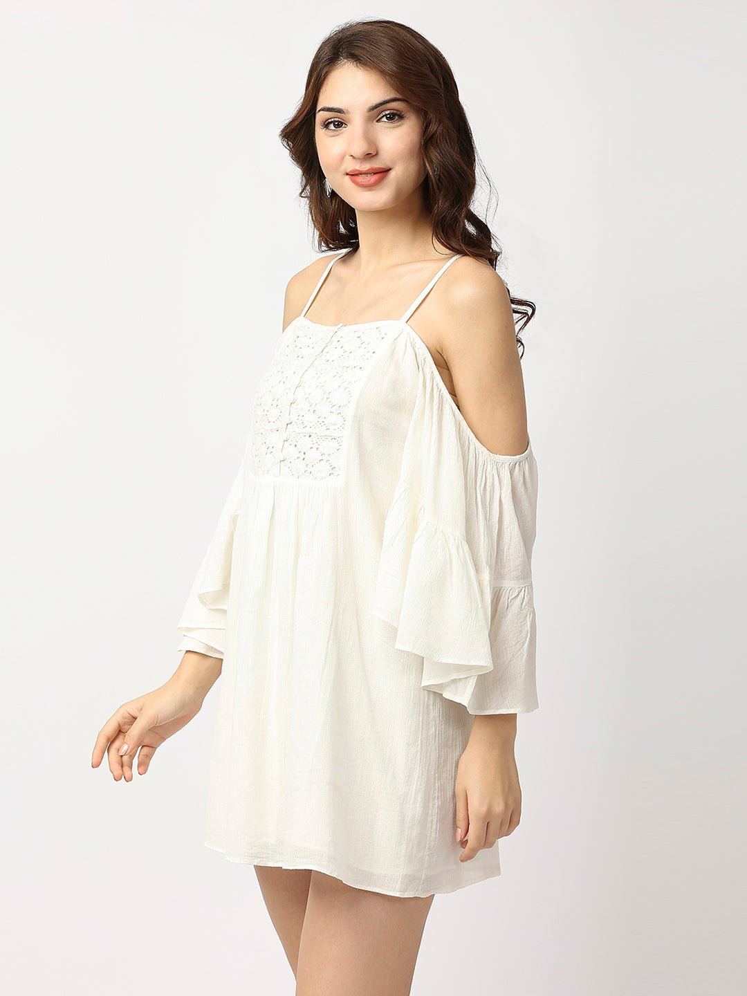 White Cotton Shoulder Strap Off Shoulder Dress - AaliyaIndia