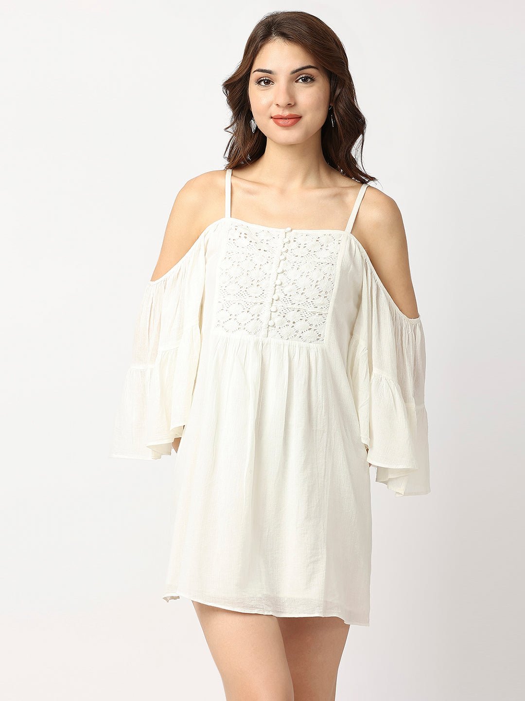 White Cotton Shoulder Strap Off Shoulder Dress - AaliyaIndia