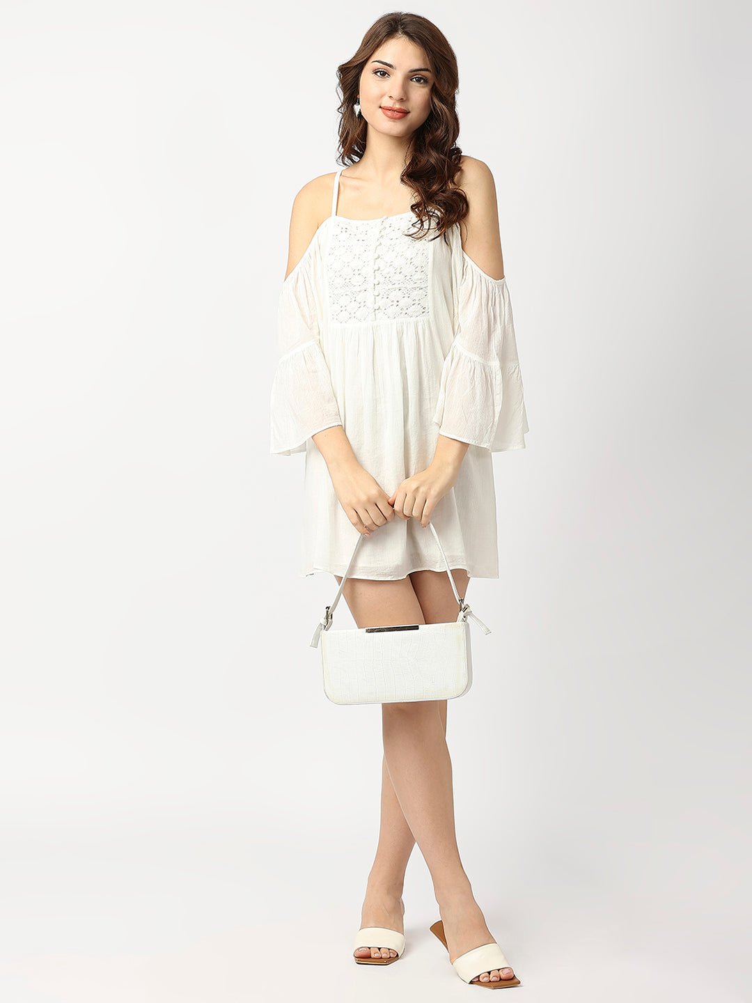 White Cotton Shoulder Strap Off Shoulder Dress - AaliyaIndia